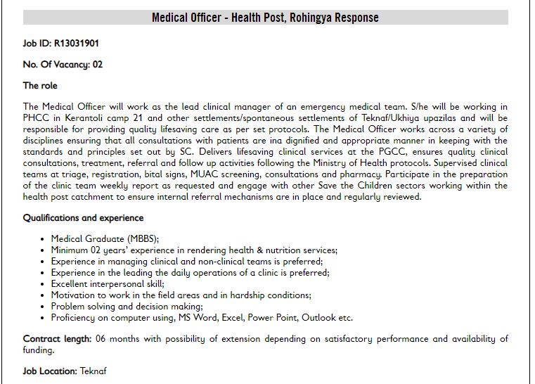 Medical Officer Jobs 2019 -  Post Health, Rohingya Response