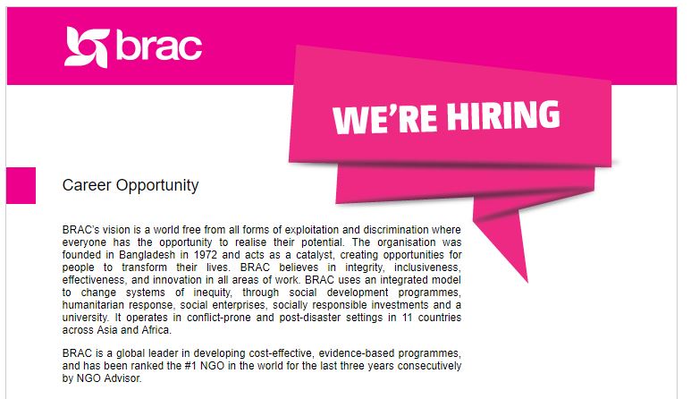 Brac NGO Job 2019 - Deputy Manager; Migration Programme (Contractual)
